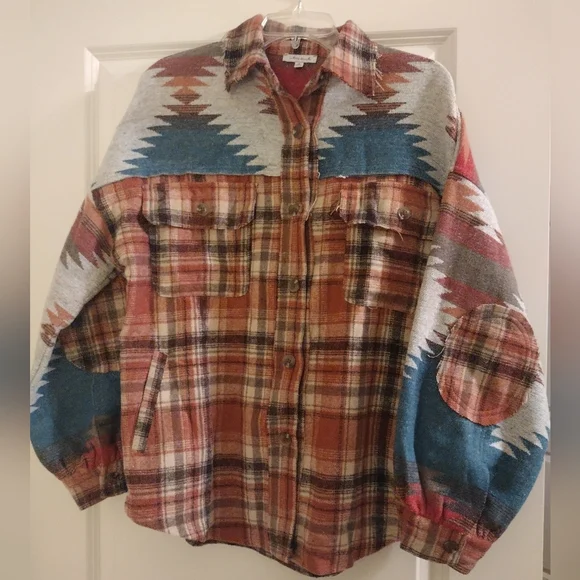 White Birch Orange And Blue Plaid/Aztec Shirt Jacket Size Medium - Picture 4 of 8